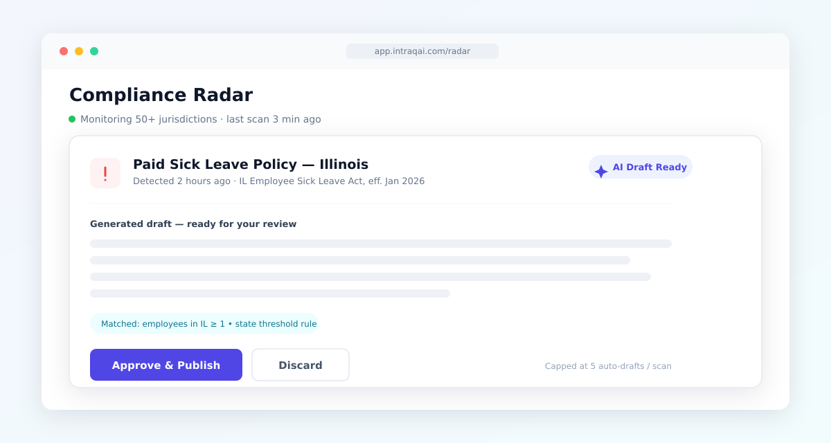 IntraQAI auto-generated compliant policy draft ready for one-click approval